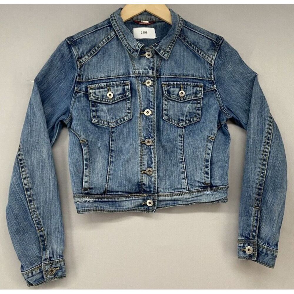 Union Bay CROPPED Denim Jacket Women JUNIORS MEDIUM Distressed-Stretch Blue Jean